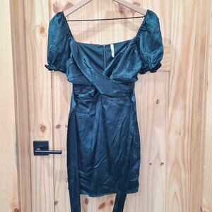 Lucy in the Sky Miley Puff Sleeve Wrap Dress Green Satin Floral Cocktail Size S